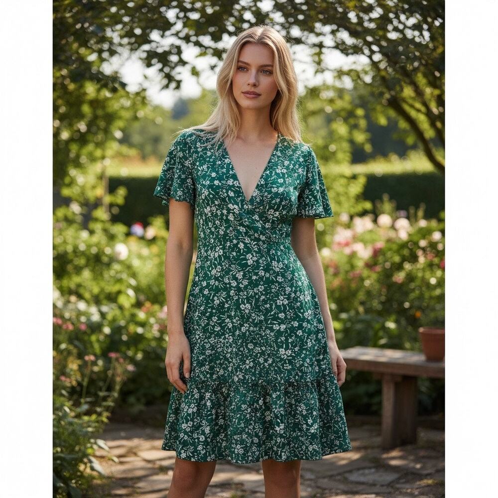Green Ditsy Floral V-Neck Ruffle Tiered babydoll Mini Dress size small Sundress